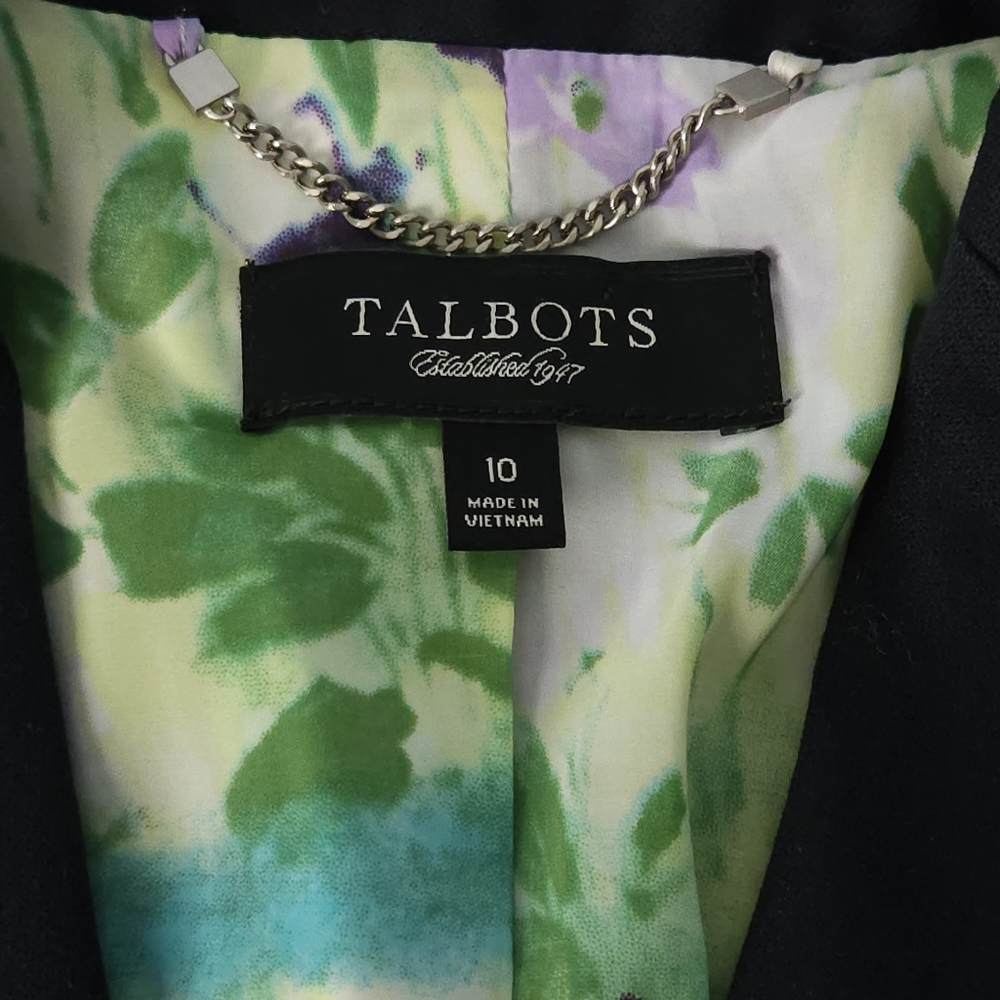 Talbots 10 Black Cotton Stretch Blazer 3/4 Sleeve Logo Buttons Professional - Picture 5 of 10